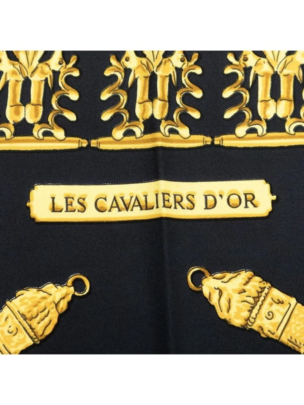 Hermes les Cavaliers D'or Yellow Gold Knight Scarf Black Silk